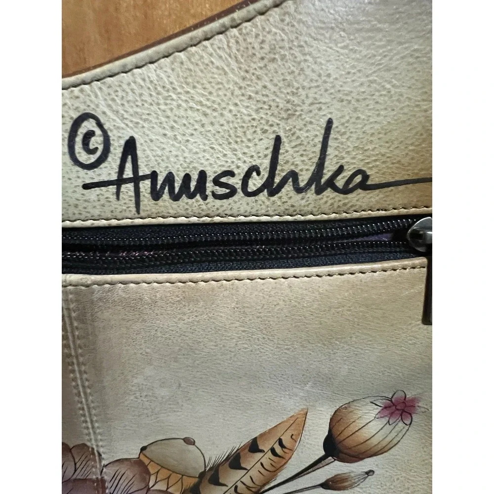 Anuschka Hand Painted Leather Rustic Floral‎ Crossbody Organizer Bag Purse 13x12